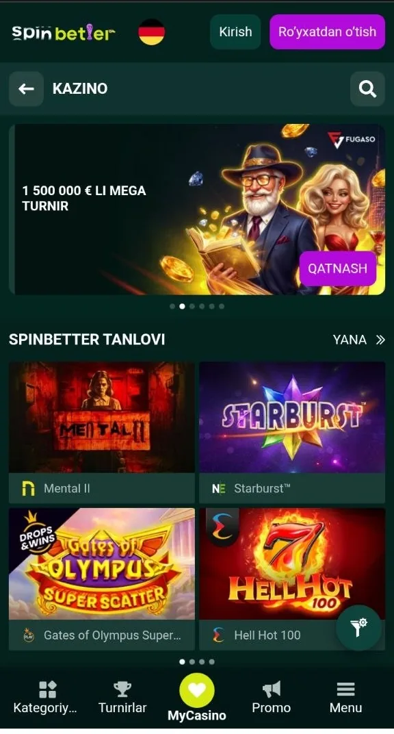 SpinBetter UZ — slot va jonli stollar bilan kazino lobbisi