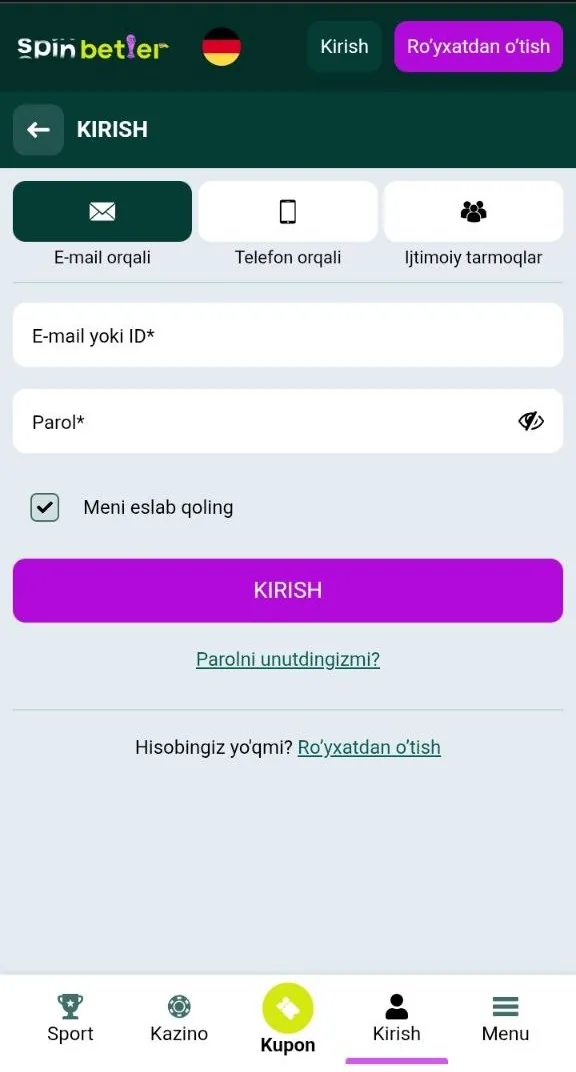 SpinBetter kirish — kazino kabinetiga kirish shakli