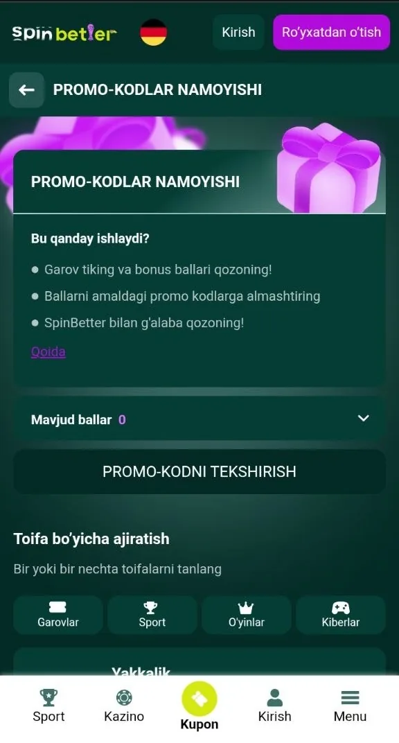 SpinBetter promo kodi — roʻyxatdan oʻtish shaklidagi kod maydoni