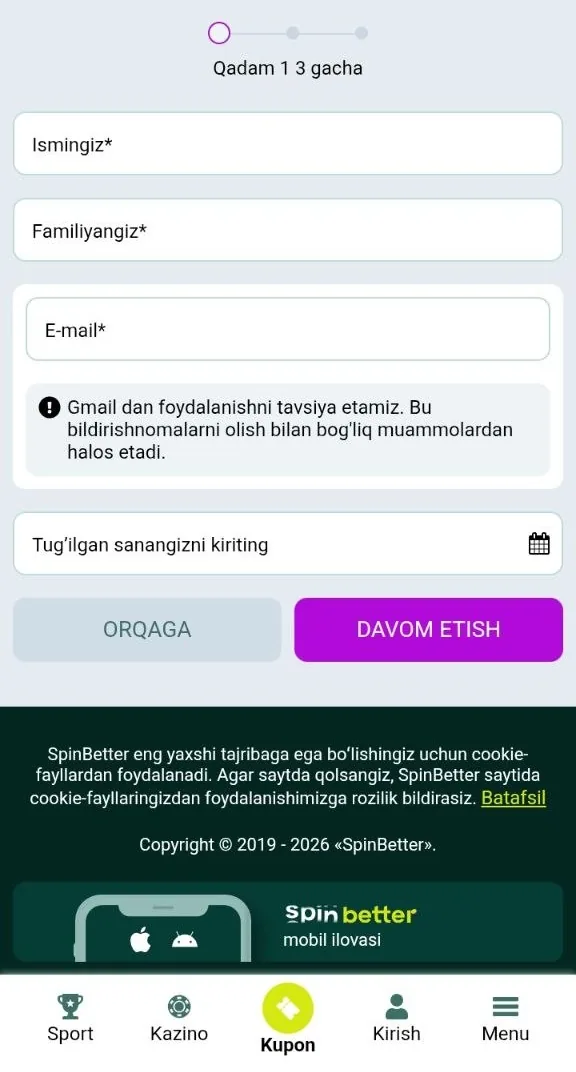 SpinBetter registratsiyasi — soʻmdagi hisob ochish anketasi